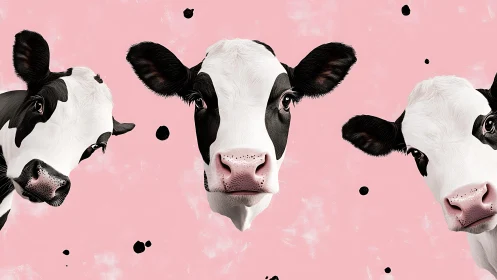 Holstein cow portraits on pastel pink minimal backdrop.