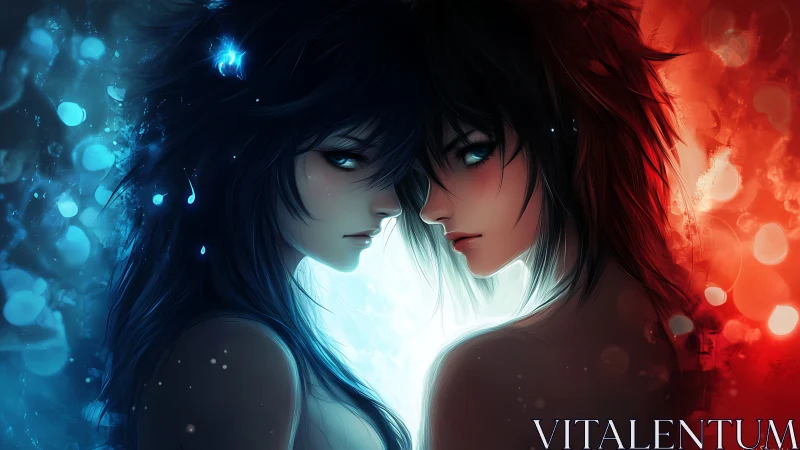 Contrasting Souls: Dual Figures in Blue and Red Light.