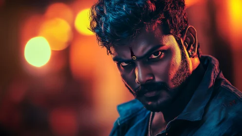 Smoldering gaze in neon firelight, a silent storm waiting.