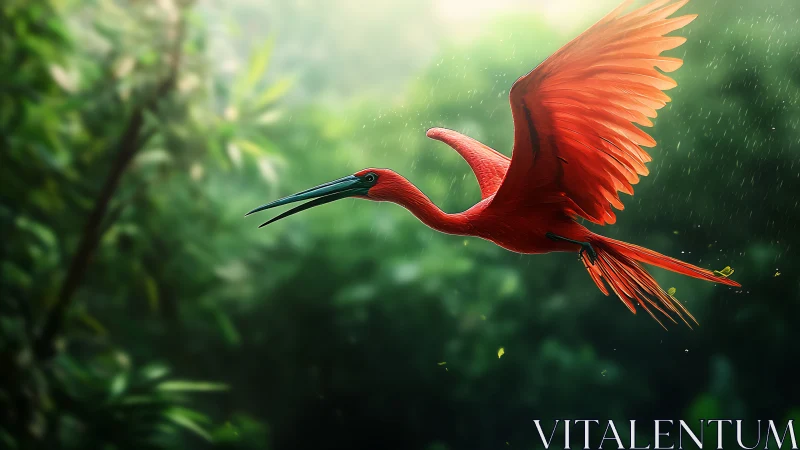 Scarlet tropical bird glides through a glowing rain-soaked jungle