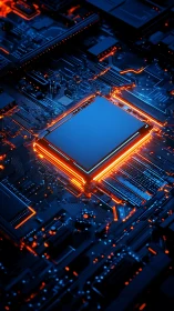 Glowing central processor unit illuminates futuristic circuit board