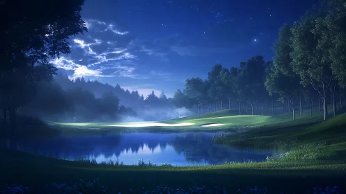 Nighttime golf course landscape is illuminated by moonlight