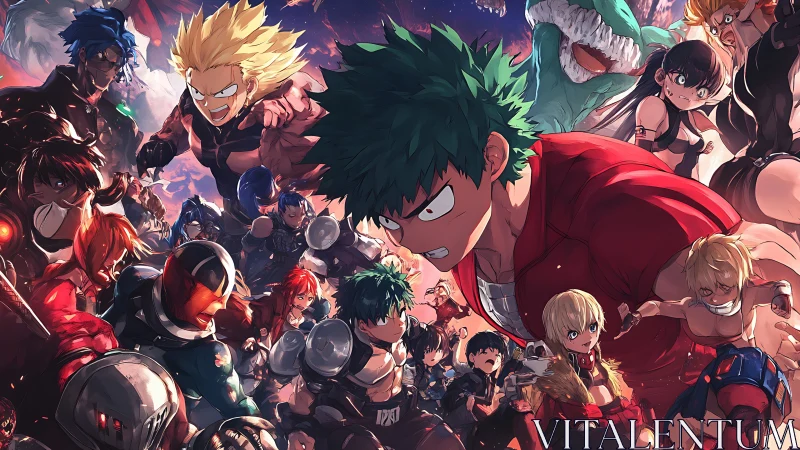 Intense anime heroes charge forward in explosive battle scene.