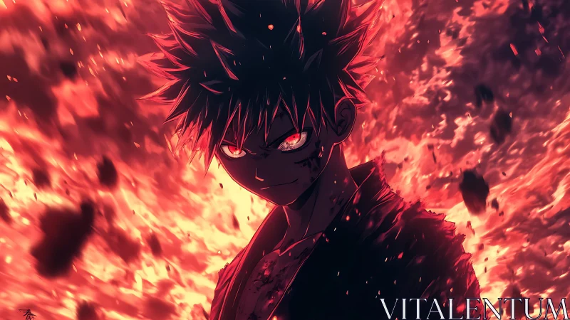 Incandescent anime antihero framed by eruptive crimson firestorm