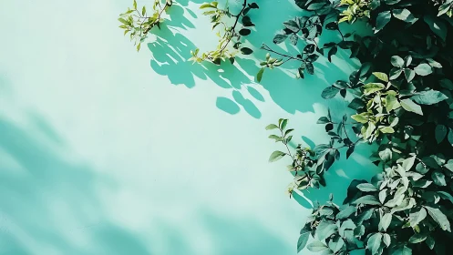 Sunlit green vines casting shadows on pastel blue wall, minimalist style.