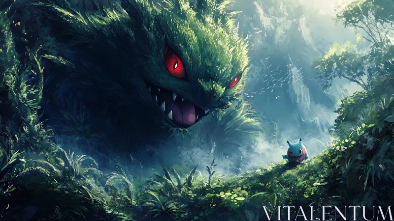 Giant foliage creature facing small figure in misty jungle.