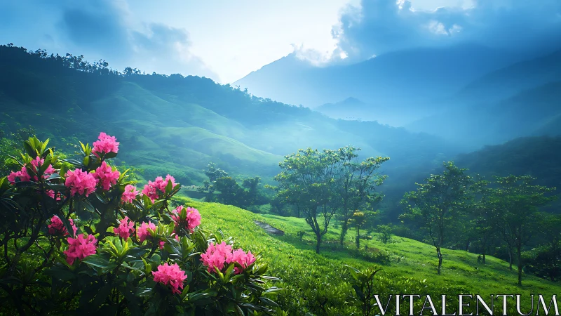 Morning mist and pink blossoms over rolling green hills.