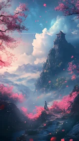 Solitary wanderer below misted shrine and sakura cliffs.