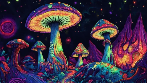 Neon twilight mushrooms hold court in a cosmic dream grove
