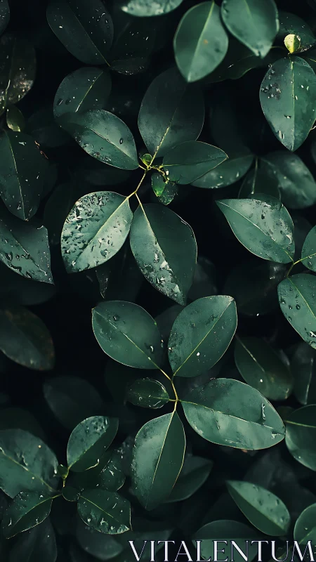 Gentle raindrops rest softly on deep green garden leaves