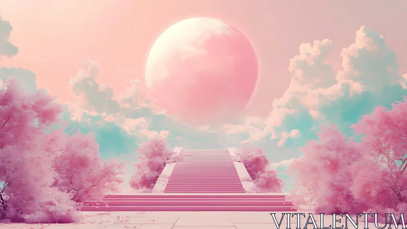 Dreamlike pastel stairway under celestial opaline sphere.
