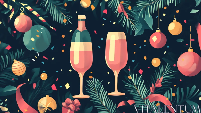 Stylized holiday drink still life with ornaments and foliage on dark