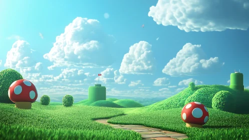 Sunny pixel kingdom with spotted power mushrooms on patrol.