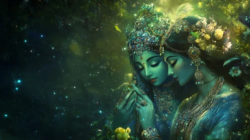 Divine blue lovers in jeweled forest light embrace softly.