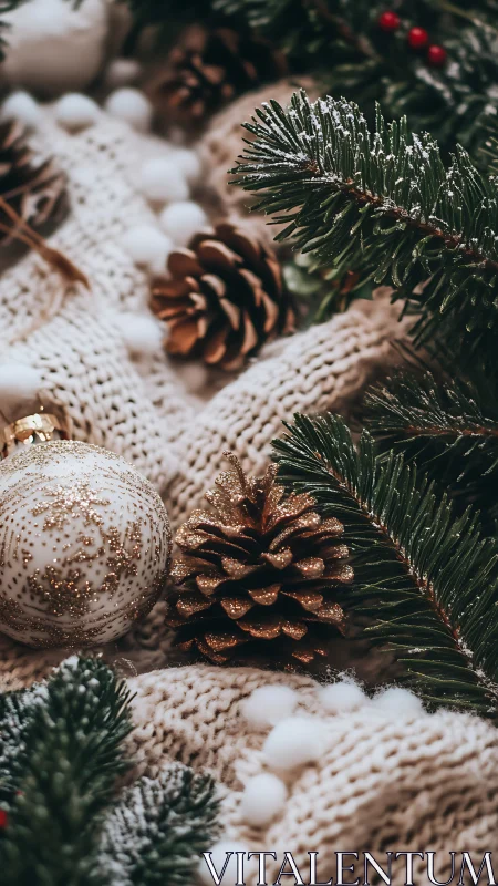 Cozy holiday pine branches with warm knits and sparkle.