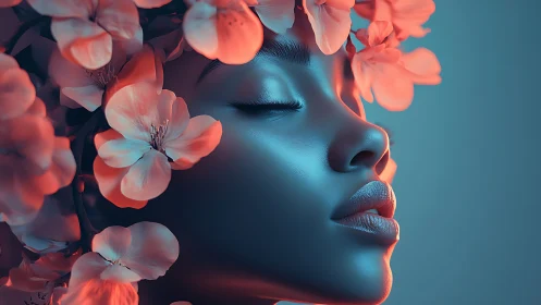 Digital portrait shows serene face framed by glowing flowers