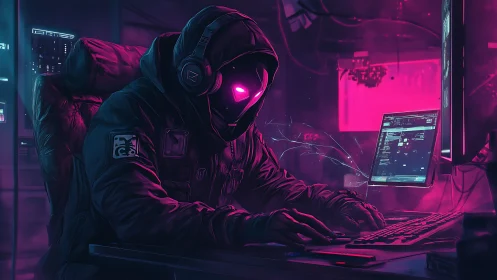Hooded cyberpunk hacker operates dual monitors in neon light