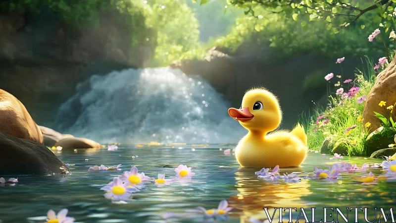 Photorealistic duckling rendered in luminous forest stream.