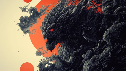 Demonic smoke beast coils before a blazing red sun.