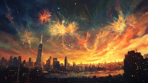 Fireworks over dense riverside skyline at sunset twilight