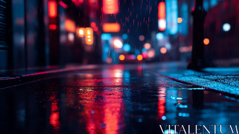 Neon lit wet city street with shallow focus at night.