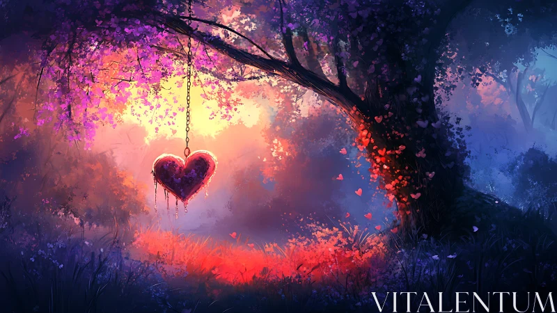 A Glowing Heart Suspended in a Magical Enchanted Forest