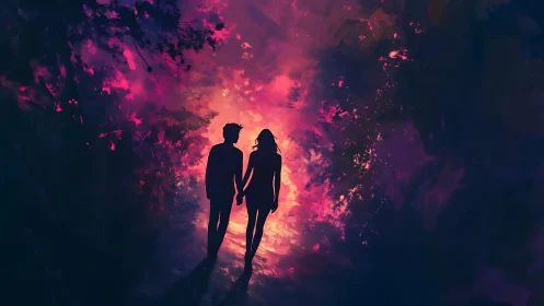 Silhouetted Couple Against Radiant Neon Explosion.