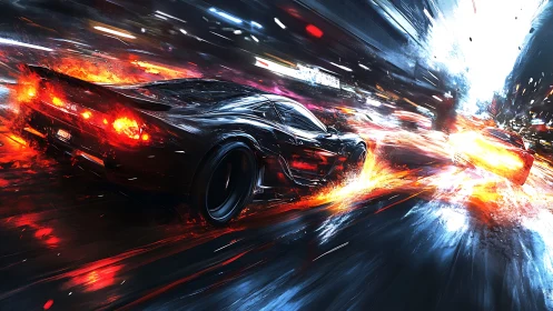 High speed night race with flaming motion trails.