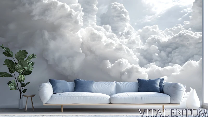 Modern white sofa in front of large cloud mural wall.