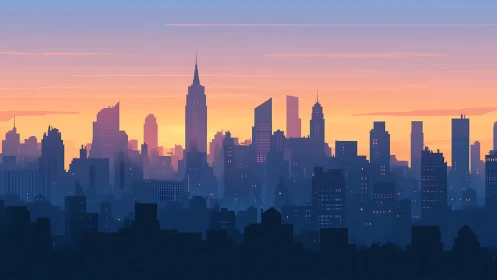 Urban skyline silhouette under gradient sunrise sky.