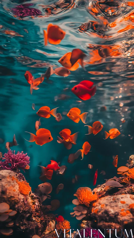 Vibrant coral reef with orange fish beneath rippled surface.