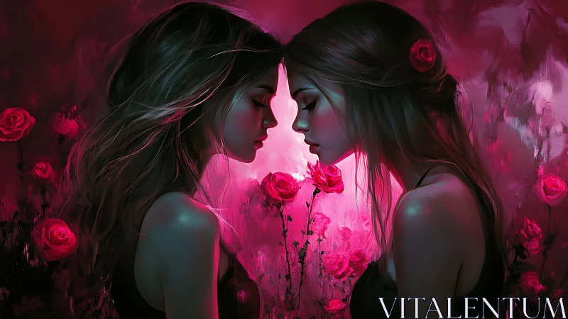 Two souls connected through glowing pink roses and intimacy
