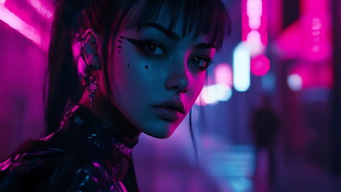 Cyberpunk portrait in neon bokeh corridor with chrome accents.