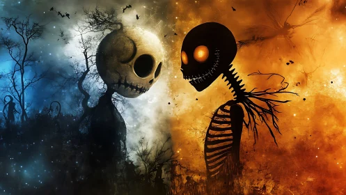 Two skeletal figures confront each other in split colors