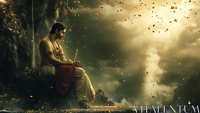 Warrior sage in golden storm-lit cliffside meditation.