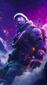 Brave space explorer glowing against a dreamy purple sky.