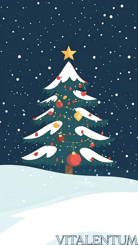 Vector-simplified snowy Christmas tree under uniform starfield.