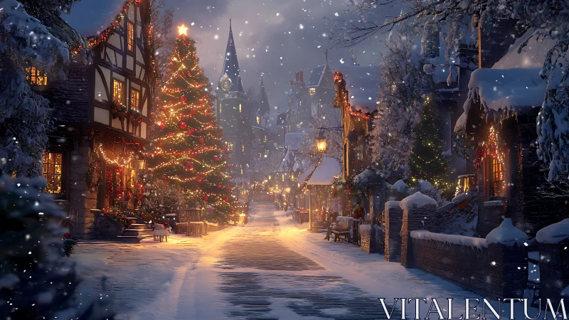 Snow covered village street with illuminated Christmas tree.