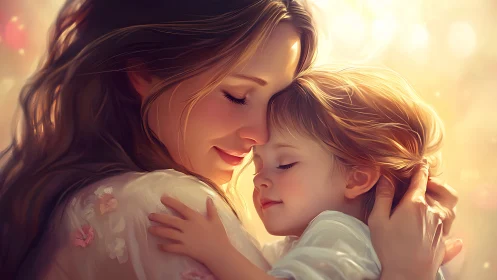 Maternal Embrace with Golden Hour Digital Rendering.