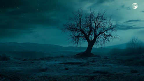 Solitary leafless tree on open field under moonlit sky.