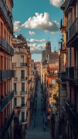 Golden hour perspective on narrow European urban street.