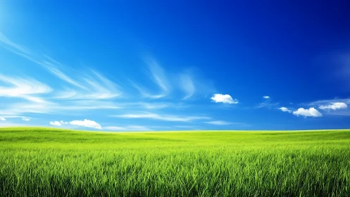 Wide grassy field under deep blue sky with sparse clouds.