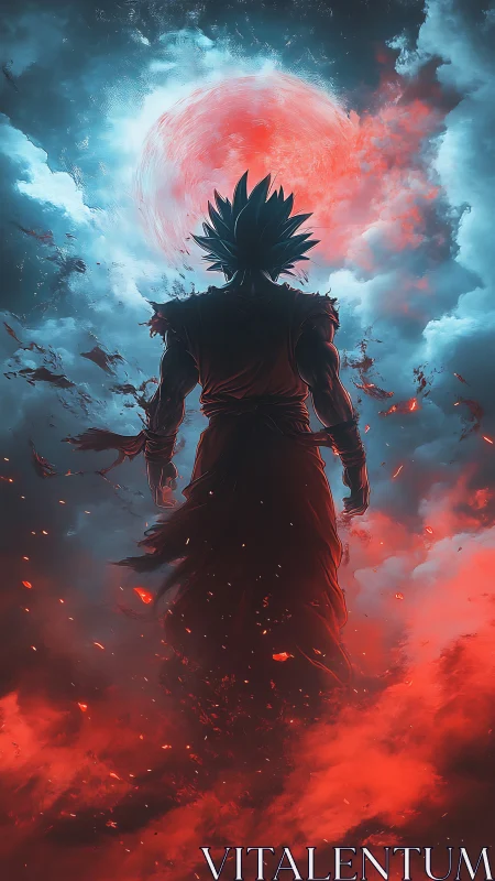 Warrior silhouette beneath burning crimson moonrise.