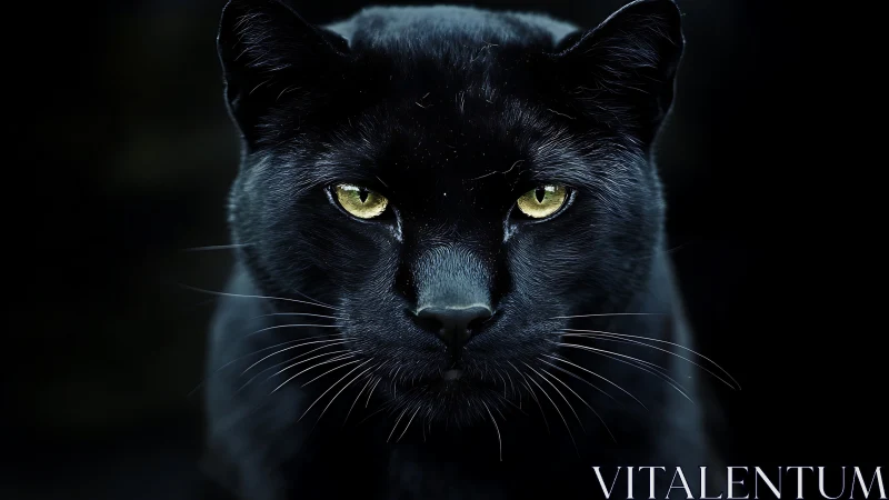 Black Panther with Luminous Amber Eyes Against Dark Background