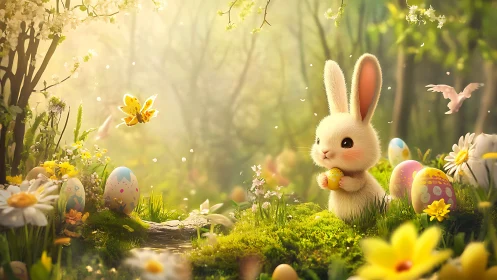 Cute bunny holding Easter egg in glowing spring forest.
