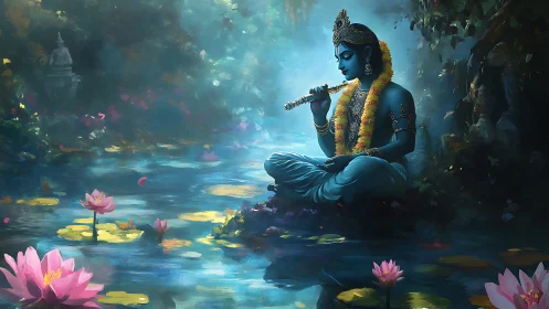 Blue-skinned figure plays flute beside reflective lotus pond
