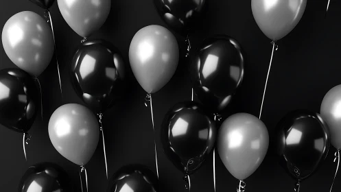 Elegant Contrast: Black and Silver Balloons Float in Celebration.