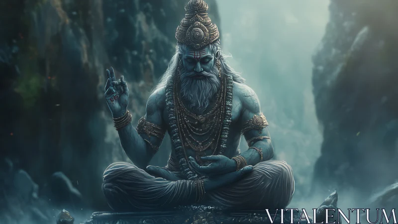 Serene blue deity meditates in misty mountain silence