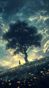 Solitary figure under luminous tree on celestial hillside