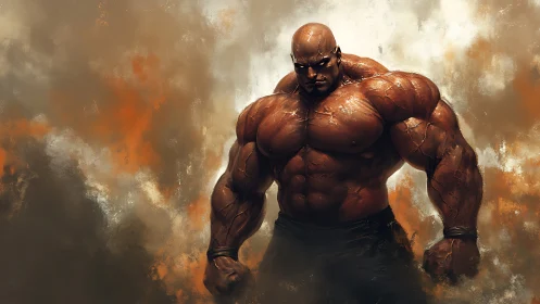 Muscular bald male figure in smoky orange environment.